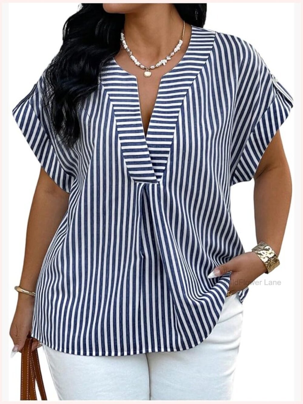 Plus Size Striped Notch Neck Blouse Short Sleeve Work Top